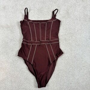 BECCA by Rebecca Virtue Mahogany Brown Contrast Stitch One Piece Swimsuit Size M